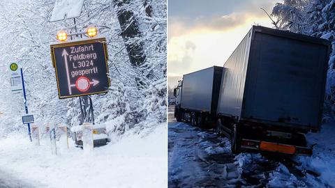 Collage. Links: Verkehrsschild in verschneiter Landschaft, dass Sperrung Richtung Feldberg anzeigt. Rechts: Querstehender Lkw auf schneebedeckter Auffahrt.