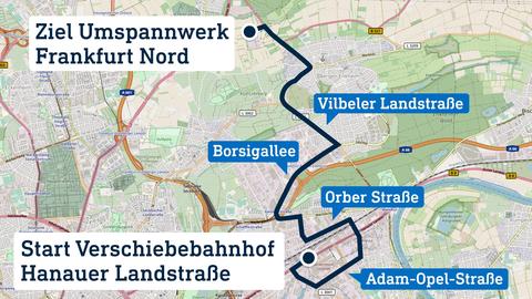 Karte von der Wegstrecke im Frankfurter Osten. 