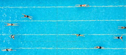 Aufnahme eines Schwimmbeckens mit mehreren Schwimmern von oben