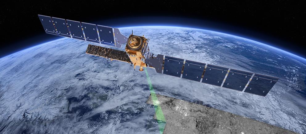 Grafische Darstellung: Sentinel-1-Satellit von oben im Erdorbit, Laser tastet Erdoberfläche ab, an abgetastetet Stellen keine Wolken, sonst vielfach ja.
