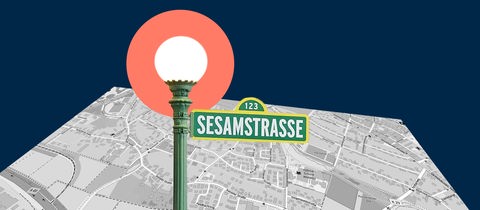 Collage aus einem Kartenausschnitt, einer Laterne mit dem Straßenschild "Sesamstraße" und Farbflächen.