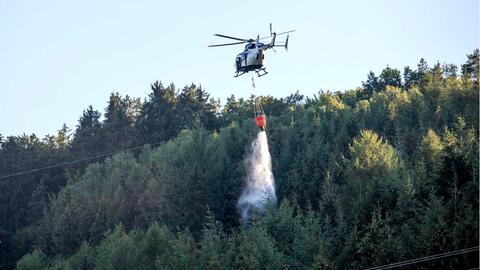 Löschhubschrauber über einem Wald.