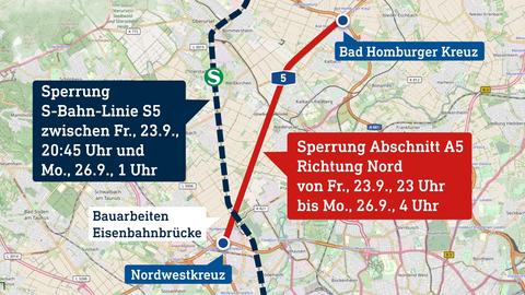 Die Karte zeigt die Streckenabschnitte der S5 zwischen Rödelheim und Weißkirchen und den Autobahnkreuzen Nordwest Frankfurt und Bad Homburger Kreuz.