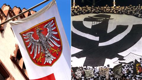 2er Kombo mit Flagge am Römer und Eintracht-Adler im Stadion