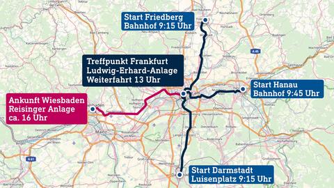 Die Grafik zeigt eine Karte des Rhein-Main-Gebietes, in welche die Wegverläufe der Sternfahrt mit Start- und Zielpunkt eingezeichnet sind.