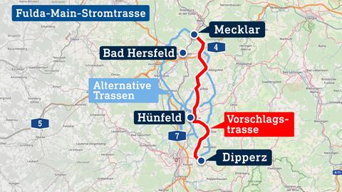 Hessenkarte mit Vorschlags- und alternativen Trasse