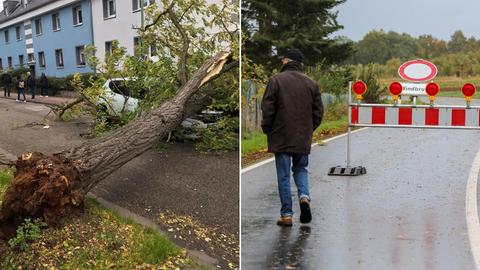 In Frankfurt Kuhwald hat Sturm einen Baum auf ein Auto geweht, im osthessischen Lütterz wurde wegen Sturmschäden eine Straße gesperrt.
