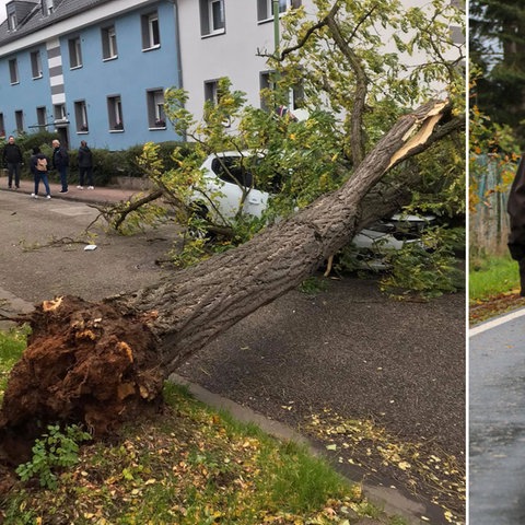 In Frankfurt Kuhwald hat Sturm einen Baum auf ein Auto geweht, im osthessischen Lütterz wurde wegen Sturmschäden eine Straße gesperrt.