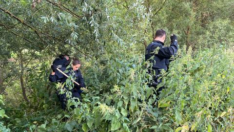 Polizisten suchen vermisste Frau mit Stöcken im Gebüsch.