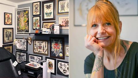 Bildkombination aus zwei Fotos: rechts ein Portrait der Tätowiererin Jennifer Franke, links ein Blick in den Laden "Jenny B." mit zahlreichen Motiven an den Wänden.