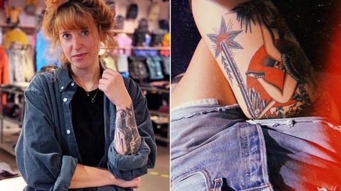 Bildkombination aus zwei Fotos: links ein Foto einer Tätowierten, wie sie in einem Laden steht und rechts das Foto ihrer farbigen Tätowierung am Oberschenkel.