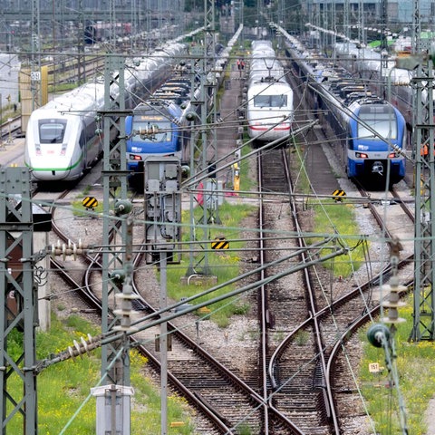 Viele Züge nebeneinander stehen in vielen Gleisen