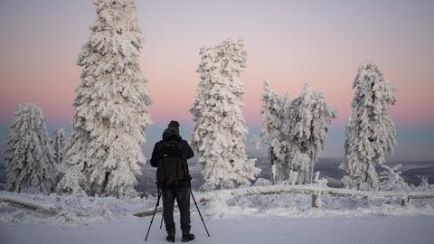 Spaziergänger mit Skistöcken auf dem verschneiten Feldberg-Plateau vor schneebedeckten Bäume im Taunus