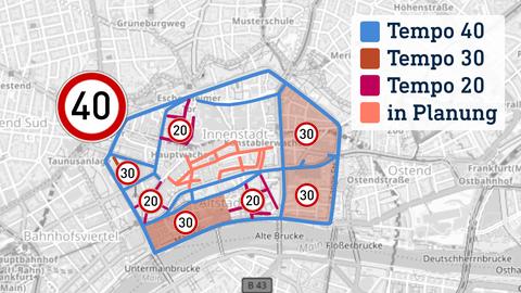Tempo-20- und Tempo-30-Zonen markiert auf einer Karte (Frankfurt Innenstadt)