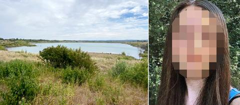 Bildlkombination: Foto eines Sees inmitten einer Landschaft links und rechts ein unkenntlich gemachtes Portraitfoto der toten Ayleen.