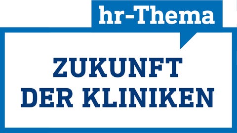 Grafik in weiß-blau und in Form einer Sprechblase mit dem Text "hr-Thema: Zukunft der Kliniken"