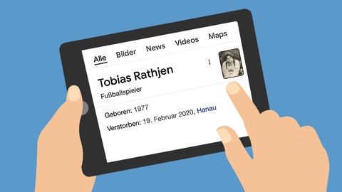 In einer Googlesuche wird als Ergebnis angezeigt: "Tobias Rathjen, Fußballspieler, geboren 1977, verstorben am 19. Februar 2020 in Hanau."