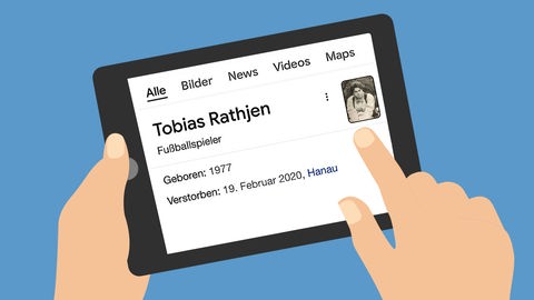 In einer Googlesuche wird als Ergebnis angezeigt: "Tobias Rathjen, Fußballspieler, geboren 1977, verstorben am 19. Februar 2020 in Hanau."