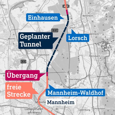 Die Karte zeigt einen Streckenverlauf zwischen Mannheim und Lorsch