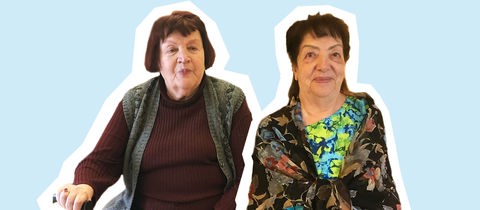 Ausgeschnittene Portraits zweier Frauen auf hellblauem Hintergrund.