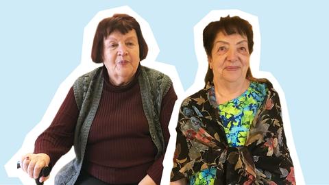 Ausgeschnittene Portraits zweier Frauen auf hellblauem Hintergrund.