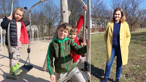 Bildkombination aus zwei Fotos: links drei Kinder, wie sie auf einem Spielplatz spielen; rechts eine Frau im Mantel, die in die Kamera lächelt.