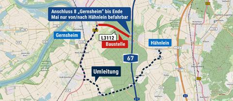 Karte mit der Umgebung von Gernsheim und der eingezeichneten Sperrung und Umleitung.