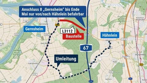 Karte mit der Umgebung von Gernsheim und der eingezeichneten Sperrung und Umleitung.