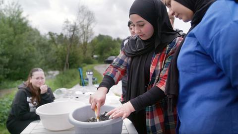 Schülerinnen stehen um einen Tisch herum und untersuchen Wasserproben in Plastikbehältern.