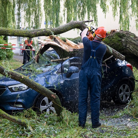 Feuerwehrleute räumen nach einem Unwetter einen umgestürzten Baum von einem Auto weg.