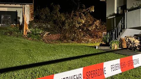 Umgestürzter Baum auf Wiese neben Haus hinter Feuerwehrabsperrung