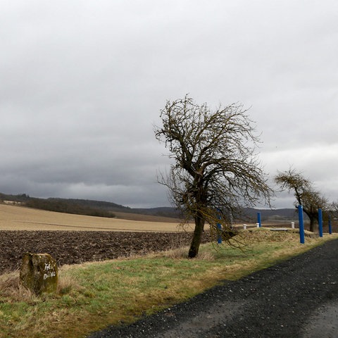 Foto einer Landschaft mit dunkelgrauer, dichter Wolkendecke.