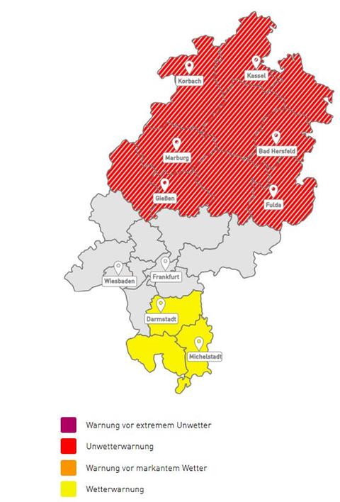 Die aktuellen Unwetterwarnungen für Hessen, Stand 6:52 Uhr 