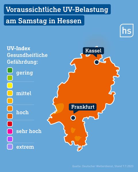Die Grafik zeigt eine Hessenkarte und daneben eine Legende, in welcher die Stufen der gesundheitlichen Gefährung farblich angezeigt werden. Hessen ist fast gänzlich orange gefärbt, was "hoch" bedeutet.