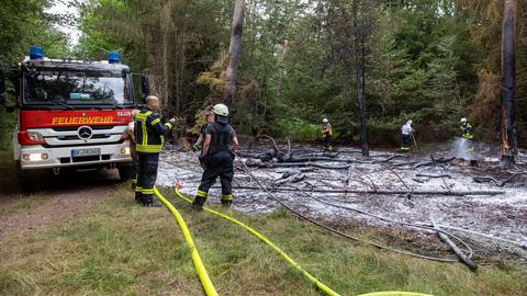 Verbrannter Waldboden, Feuerwehrleute und Feuerwehrwagen