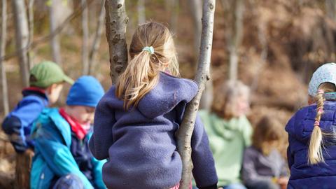 Mehrere Kinder sitzen im Wald
