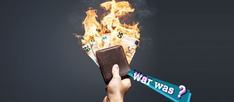 Foto nah, Hand mit Portemonnaie mit Geldscheinen die verbrennen
