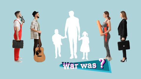 Zwei Männer und zwei Frauen in verschiedener Berufskleidung stehen in einer Reihe auf einem türkisfarbenen Hintergrund. In ihrer Mitte ein Mann mit zwei Kindern an der Hand, nur silhouttenhaft als weiße Fäche. Auf dem Bild eine kleine, farbige Grafik mit dem Schriftzug "war was?".