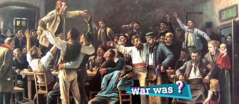 Foto von einem historischen Gemälde, das Tumult von vielen Menschen in einer Kneipe darstellt. Auf dem Foto eine kleine farbige Grafik mit dem Schriftzug "War was?". 