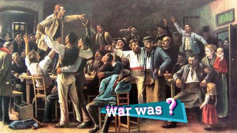 Foto von einem historischen Gemälde, das Tumult von vielen Menschen in einer Kneipe darstellt. Auf dem Foto eine kleine farbige Grafik mit dem Schriftzug "War was?". 