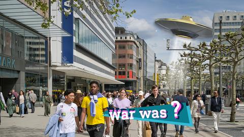 Über dem Foto der Frankfurter Zeil schwebt ein gezeichnetes Ufo