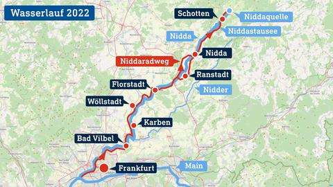 Karte mit Flüssen von Frankfurt in den Vogelsberg/Schotten an der Nidda entlang