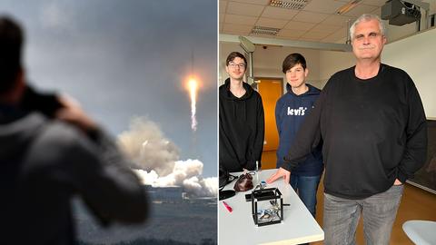 2er Kombo; Mann fotografiert startende Rakete und 2 Schüler mit Lehrer im Klassenzimmer