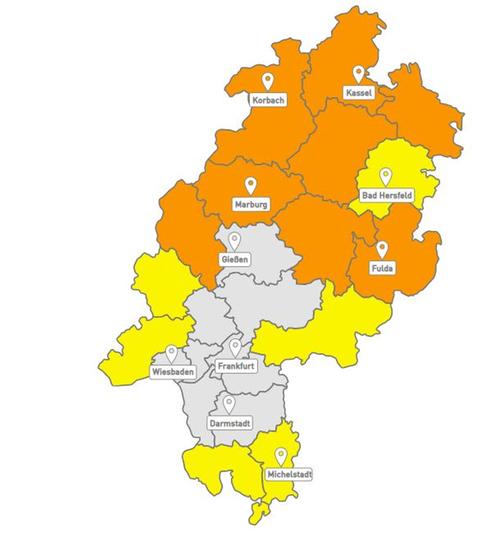 Stand 6.15 Uhr: Die Karte mit Wetterwarnungen des Deutschen Wetterdienstes (DWD) für Hessen. 