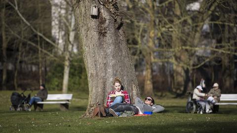 Menschen sitzen in einem Park. Ein Mann und eine Frau auf einer Wiese, an einem Baum gelehnt. Andere drumherum unscharf auf Bänken.