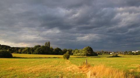 Sonne scheint auf ausgetrocknete Wiese, dahinter dunkle, dichte Wolken