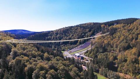 Die Grafik zeigt die Hängebrücke, die Willingen plant. In eine Landschaft zwischen zwei Hügeln überspannt sie ein Tal mit einigen wenigen Gebäuden.