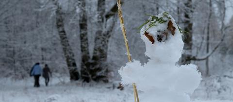 Ein Mini-Schneemann im Habichtswald bei Kassel, im Hintergrund Spaziergänger