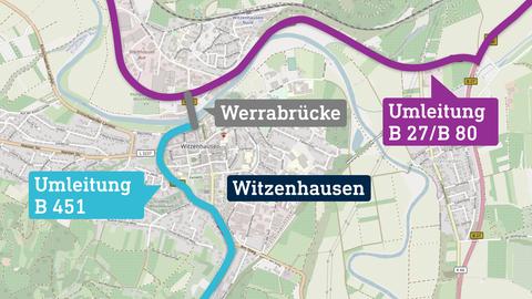 Die Karte stellt den Ort Witzenhausen, die Umleitungen und die Brücke farbig heraus.