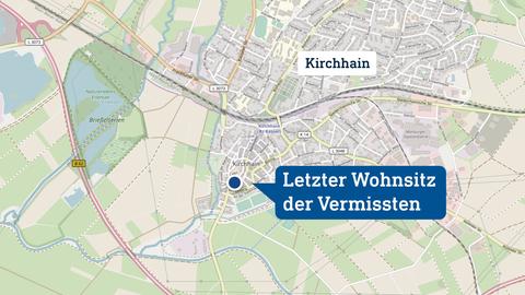 Karte, in welcher der letzte Wohnort der Vermissten localisiert ist: in der Altstadt von Kirchhain.